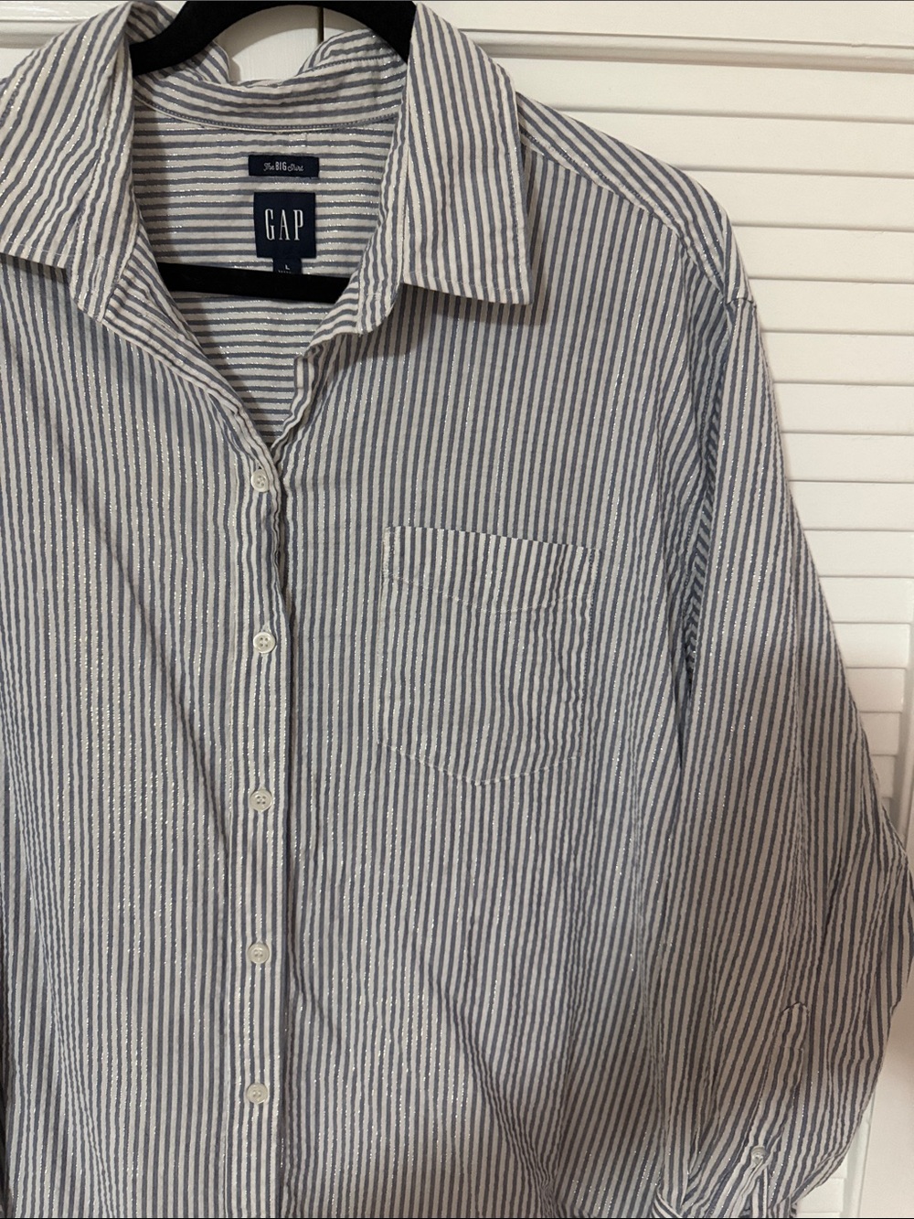 GAP Women’s The Big Shirt Navy and White Gold Vertical Stripe Button-Down Shirt